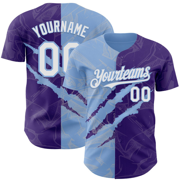 Personalized Baseball Jersey Graffiti Pattern Scratch - White Purple Light Blue