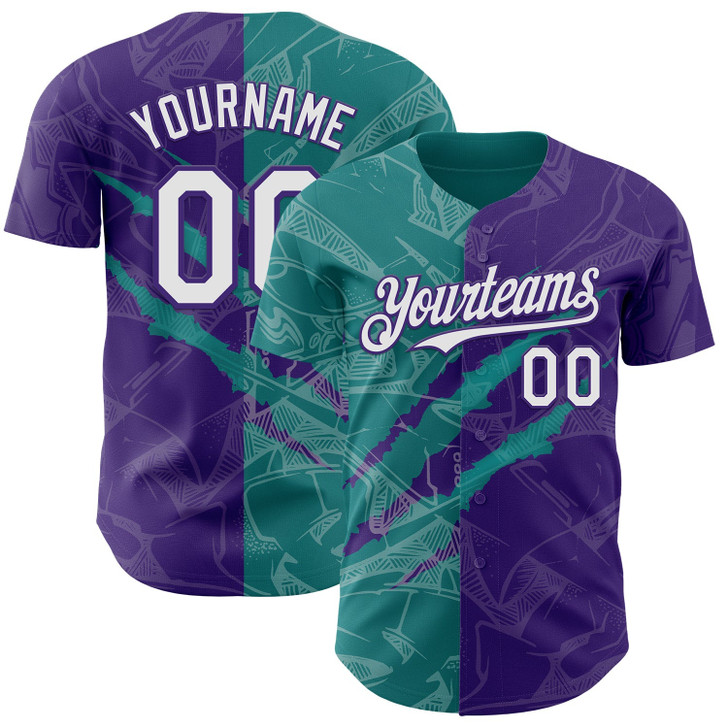 Personalized Baseball Jersey Graffiti Pattern Scratch - White Purple Teal