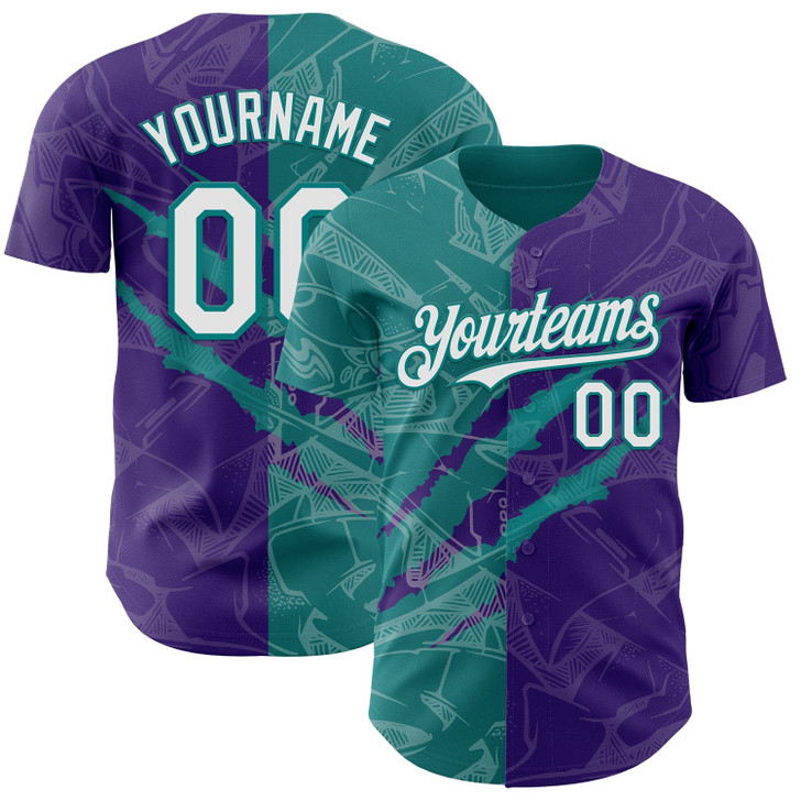 Personalized Baseball Jersey Graffiti Pattern 3D Scratch - White Purple Teal