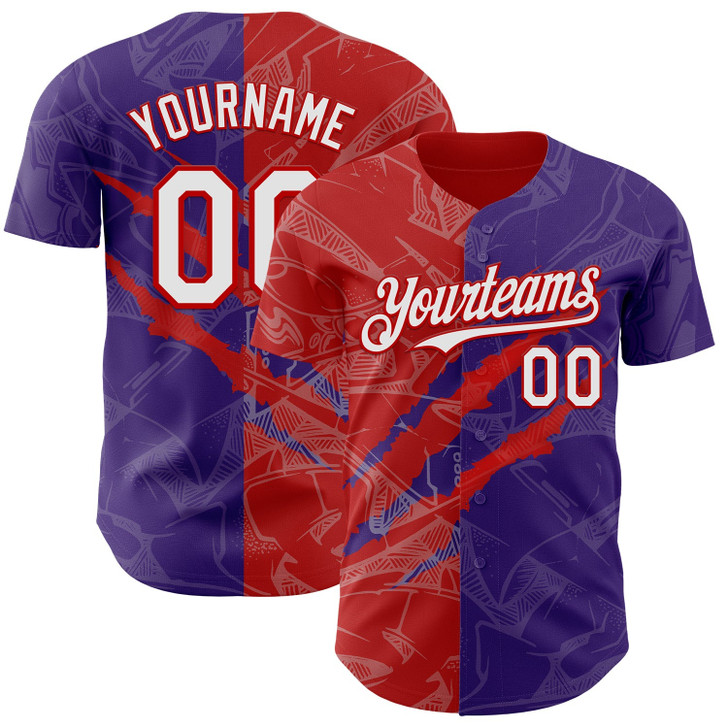 Personalized Baseball Jersey Graffiti Pattern Scratch - White Purple Red