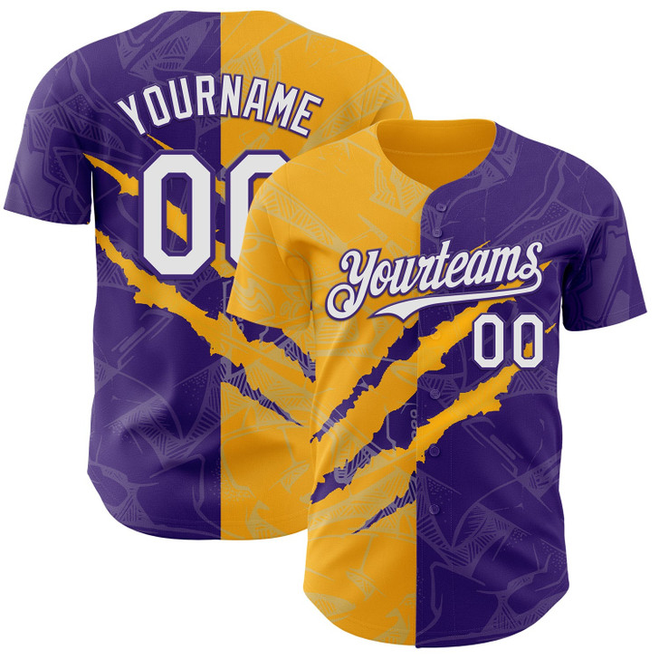 Personalized Baseball Jersey Graffiti Pattern Scratch - White Purple Gold