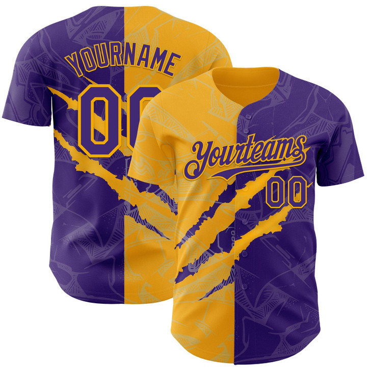 Personalized Baseball Jersey Graffiti Pattern Scratch - Purple Gold