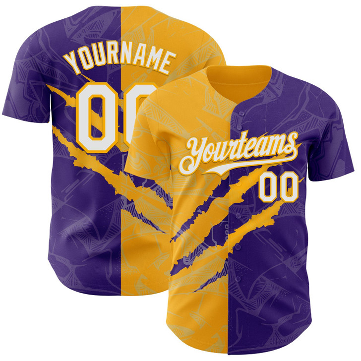 Personalized Baseball Jersey Graffiti 3D Pattern Scratch - White Purple Gold