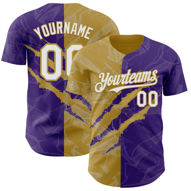 Personalized Baseball Jersey Graffiti Pattern Scratch - White Purple Old Gold