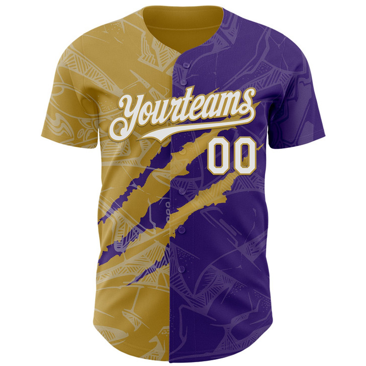 Personalized Baseball Jersey Graffiti Pattern Scratch - White Purple Old Gold