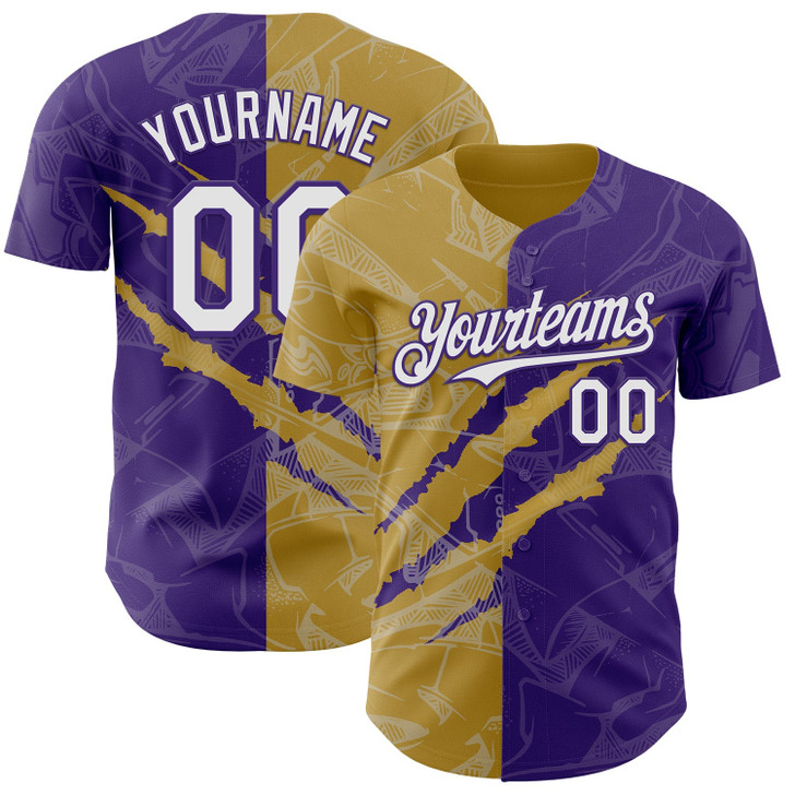Personalized Baseball Jersey Graffiti Pattern 3D Scratch - White Purple Old Gold