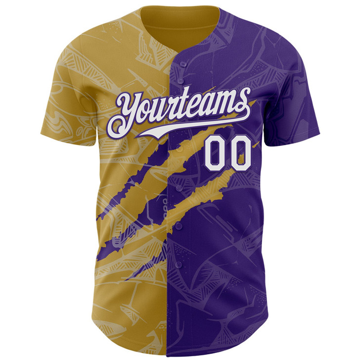 Personalized Baseball Jersey Graffiti Pattern 3D Scratch - White Purple Old Gold