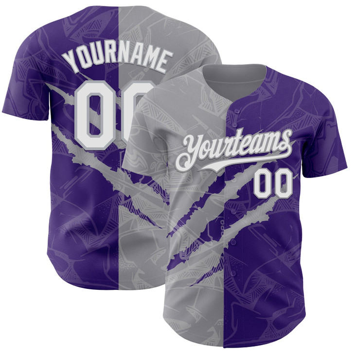Personalized Baseball Jersey Graffiti Pattern Scratch - White Purple Gray