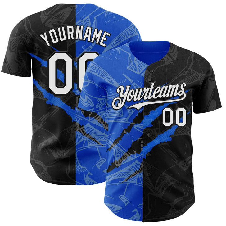 Personalized Baseball Jersey Graffiti Pattern Scratch - White Black Thunder Blue
