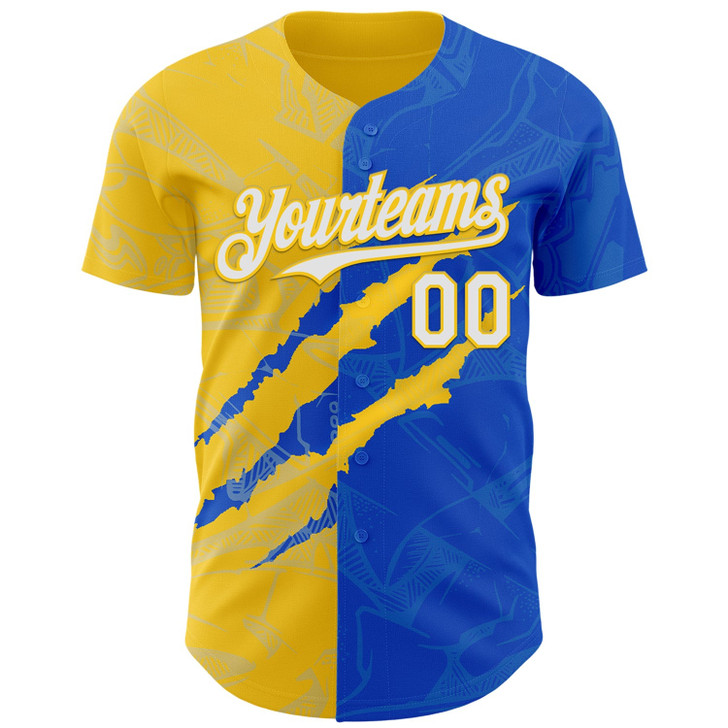 Personalized Baseball Jersey Graffiti Pattern Scratch - White Thunder Blue Yellow