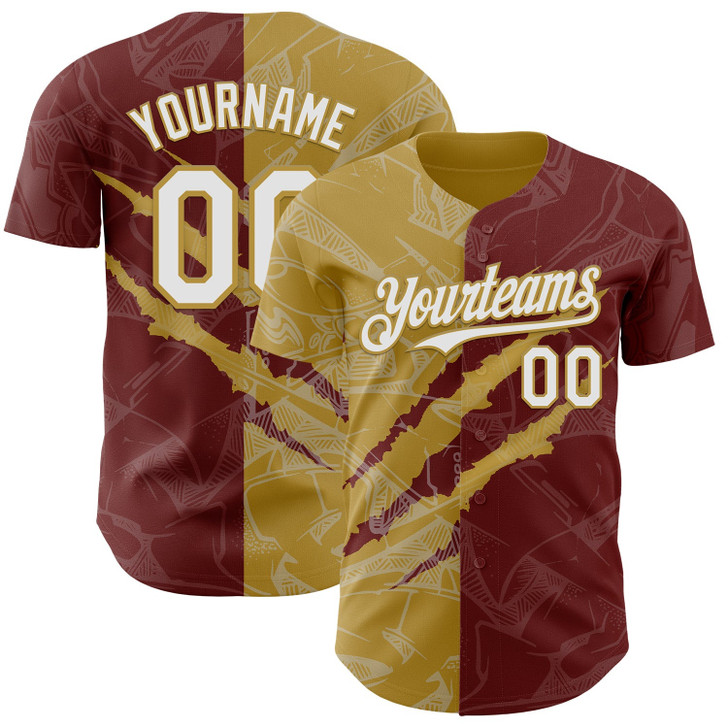 Personalized Baseball Jersey Graffiti Pattern Scratch - White Burgundy Old Gold