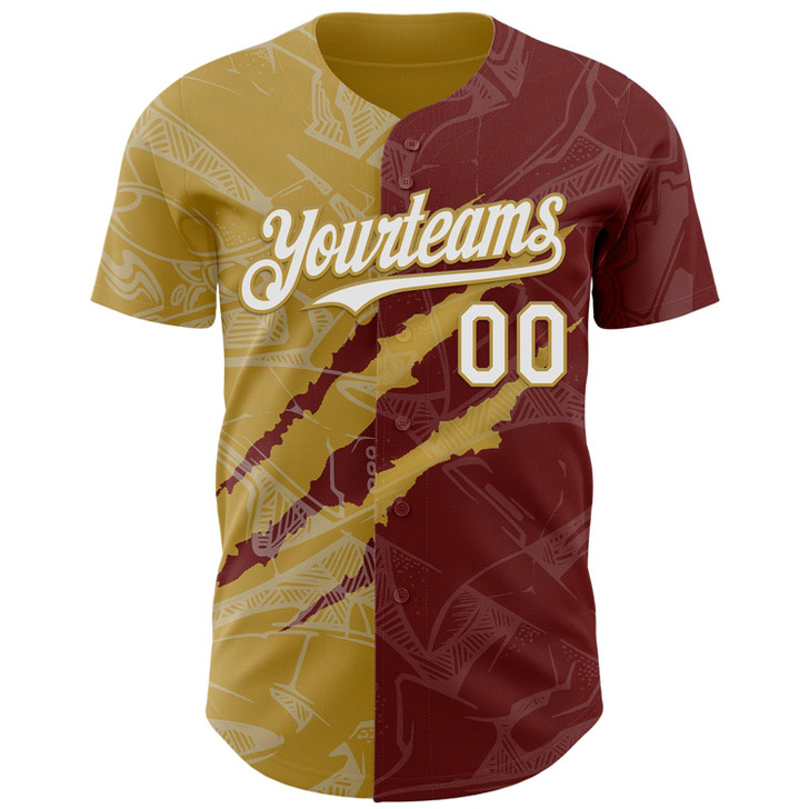 Personalized Baseball Jersey Graffiti Pattern Scratch - White Burgundy Old Gold