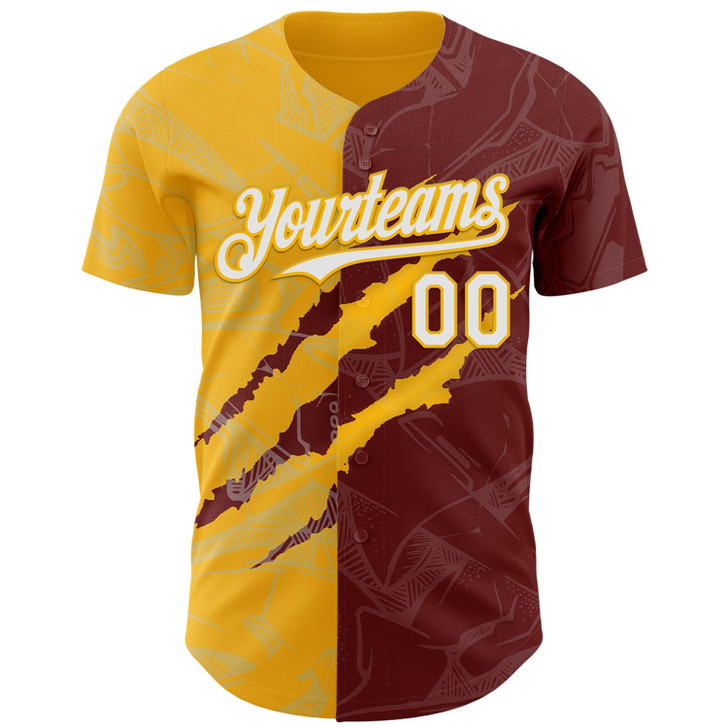 Personalized Baseball Jersey Graffiti Pattern Scratch - White Burgundy Gold