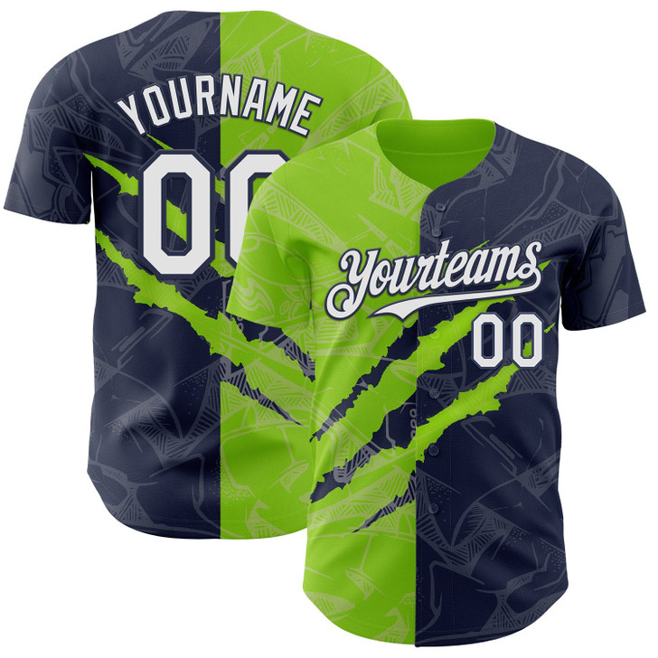 Personalized Baseball Jersey Graffiti Pattern Scratch - White Navy Neon Green