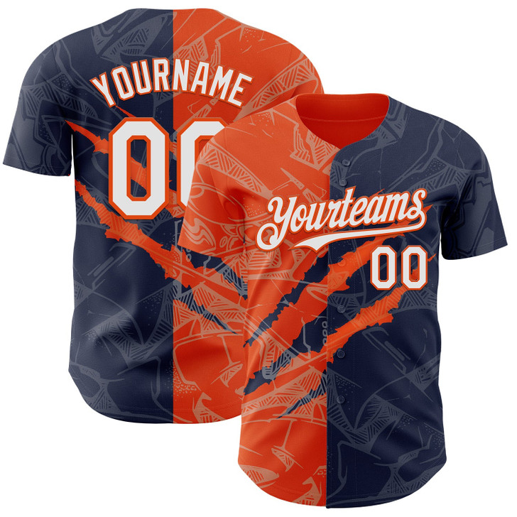 Personalized Baseball Jersey Graffiti Pattern 3D Scratch - White Navy Orange