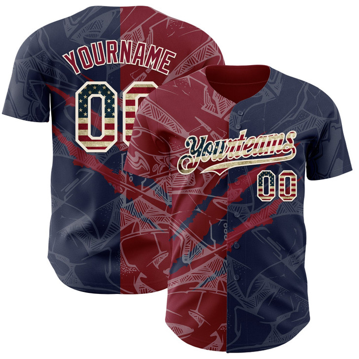 Personalized Baseball Jersey Graffiti Pattern Scratch - Vintage USA Flag Navy Crimson Cream