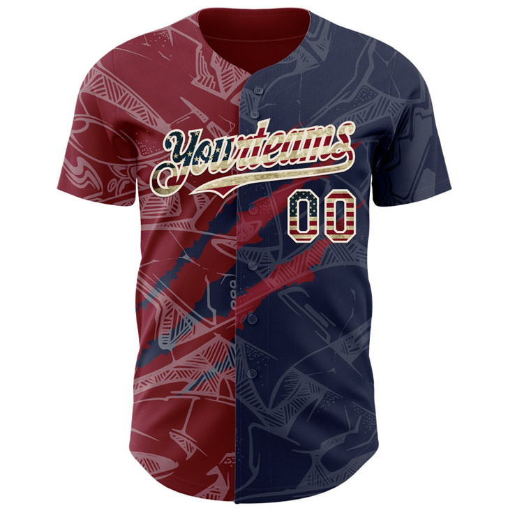 Personalized Baseball Jersey Graffiti Pattern Scratch - Vintage USA Flag Navy Crimson Cream