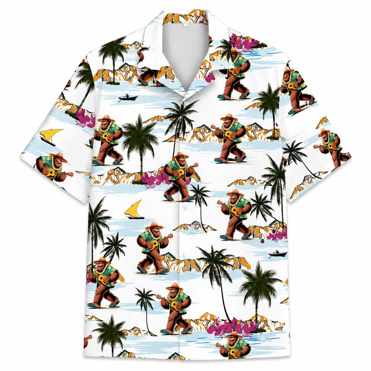 Hawaiian Shirt - Bigfoot Beach Play Guitar Sasquatch Tropical Island