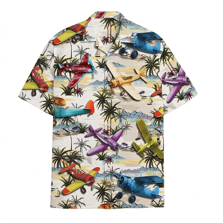 Hawaiian Shirt - Vintage Airplane Retro Propeller Island Palm Tree