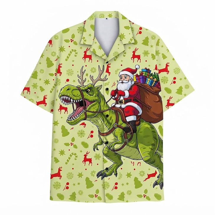 Hawaiian Shirt - Funny Santa Riding Dinosaur Christmas In July