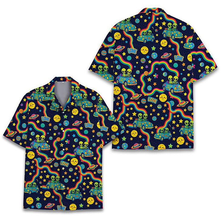 Hawaiian Shirt - Trippy Space Hippie Alien Rainbow Pattern