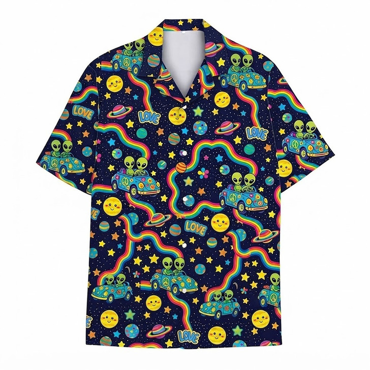 Hawaiian Shirt - Trippy Space Hippie Alien Rainbow Pattern