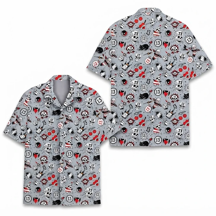 Hawaiian Shirt - Vintage Skull Dice Edgy Retro Tattoo Summer