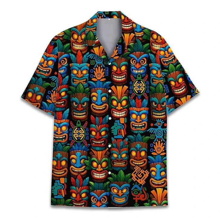Hawaiian Shirt - Colorful Vibrant Tiki Mask Tropical Beach