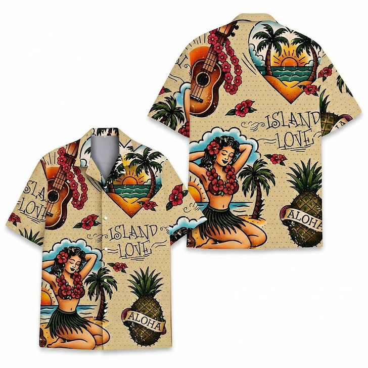 Hawaiian Shirt - Vintage Island Love Hula Girl Guitar