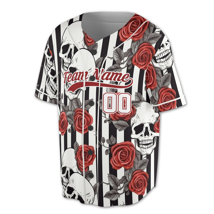 Personalized Skull Red Rose Pinstripe Baseball Jersey - Custom Name, Team & Number