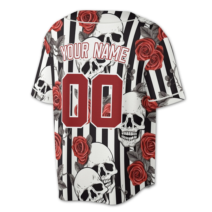 Personalized Skull Red Rose Pinstripe Baseball Jersey - Custom Name, Team & Number