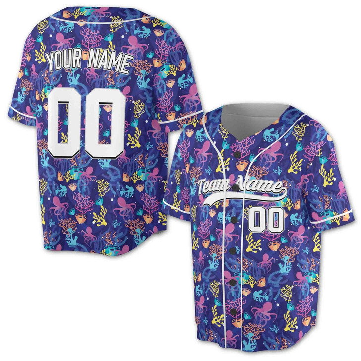 Personalized Purple Blue Octopus Coral Baseball Jersey - Custom Name, Team & Number