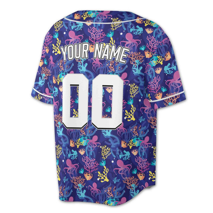 Personalized Purple Blue Octopus Coral Baseball Jersey - Custom Name, Team & Number