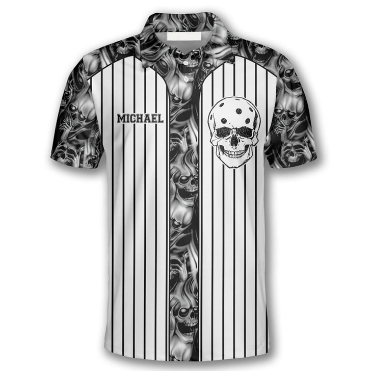 Personalized Polo Shirts Skull Vertical Stripes Pickleball - Custom Name & Team Name