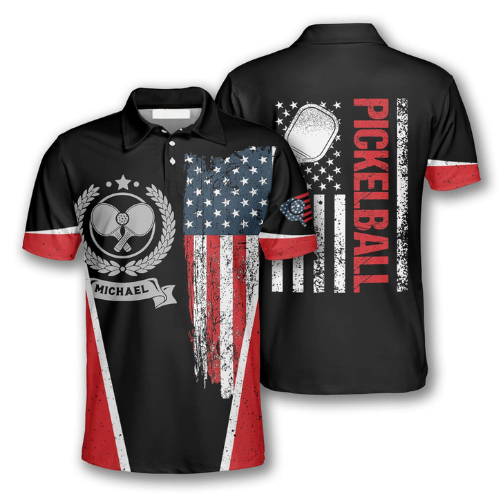 Personalized Polo Shirts Pickleball Emblem American Flag - Custom Name