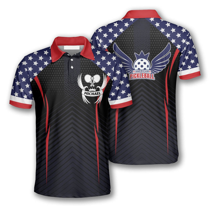 Personalized Polo Shirts Pickleball Eagle Emblem American Flag - Custom Name