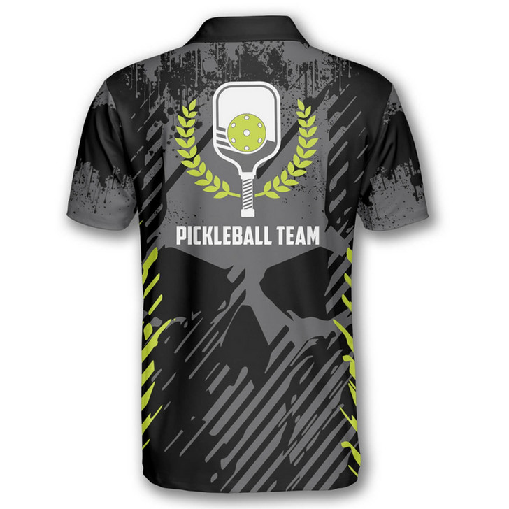Personalized Polo Shirts Emblem Grey Grunge Skull Background Pickleball - Custom Name & Team Name