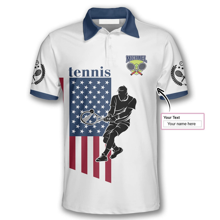 Personalized Polo Shirts Tennis Player Silhouette American Flag - Custom Name