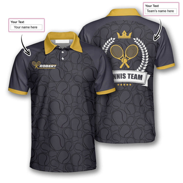 Personalized Polo Shirts Tennis Balls Pattern Crown Emblem - Custom Name & Team Name
