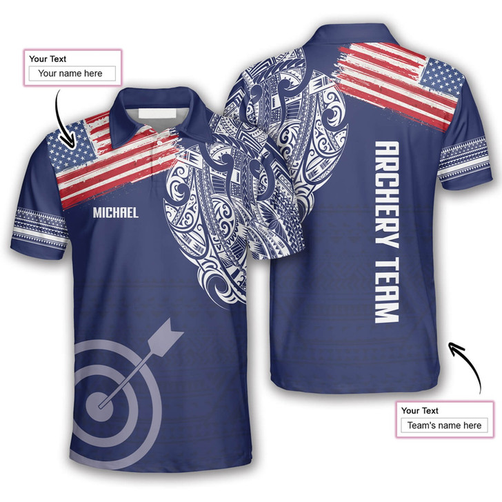 Personalized Polo Shirts Us Flag Tribal Pattern Archery - Custom Name & Team Name