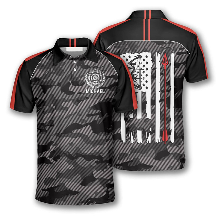 Personalized Polo Shirts Archery Camouflage American Flag - Custom Name