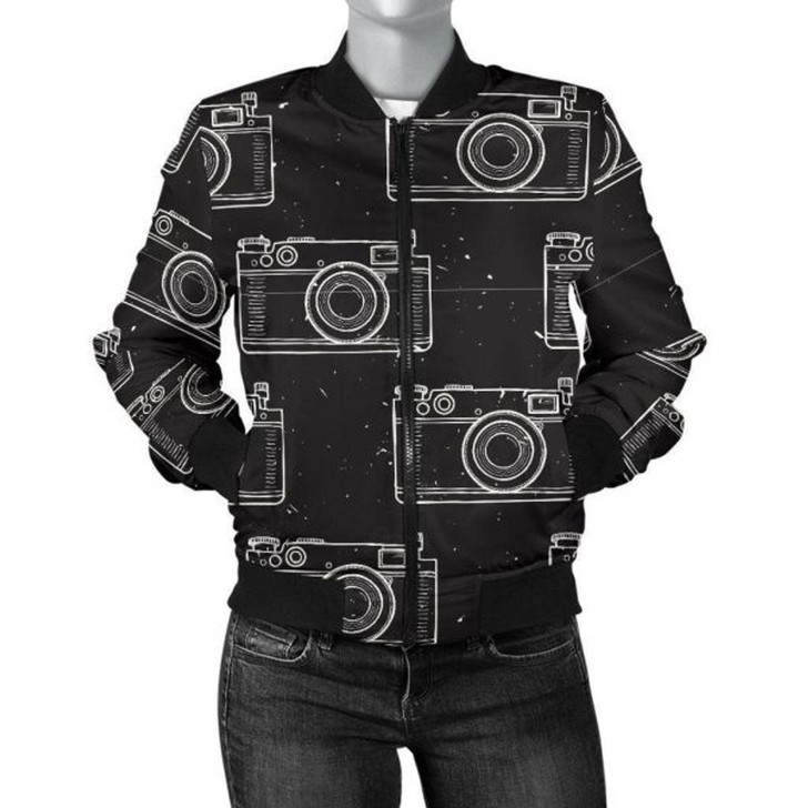 3D Bomber Jacket Black Camera Print Pattern Casual