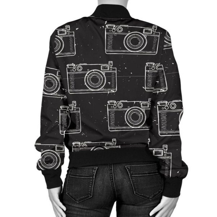 3D Bomber Jacket Black Camera Print Pattern Casual