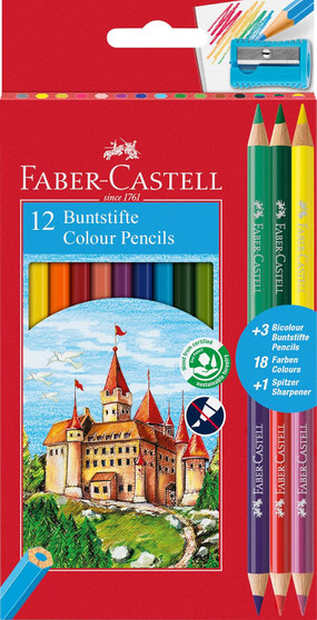 Faber-Castell – 12 Colour Pencils + 3 Bicolour Pencils + Sharpener Set
