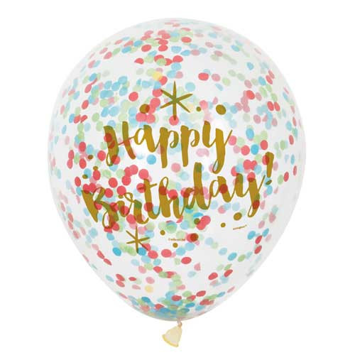 12 inch Clear Gold Birthday Latex Balloons with Confetti (6)