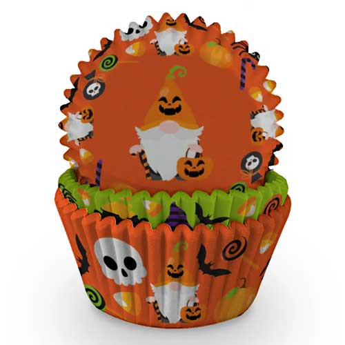Anniversary House 75 pirottini per cupcake a tema Halloween, resistenti, in carta oleata, con zucca, fantasma e icone spettrali, fodere per muffin e cupcake, in contenitore richiudibile