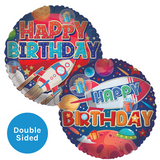 An 18 inch Happy Birthday Space Adventure Foil Balloon, manufactured by Sensations.
