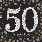 Black & Gold Sparkling 50th Birthday Paper Napkins (16)