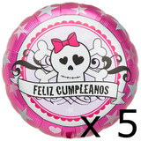 Pack of 5 18 inch Feliz Cumpleanos Skully Pink Foil Balloons (5)