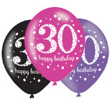 11 inch Black & Pink Sparkling 30th Birthday Latex Balloons (6)